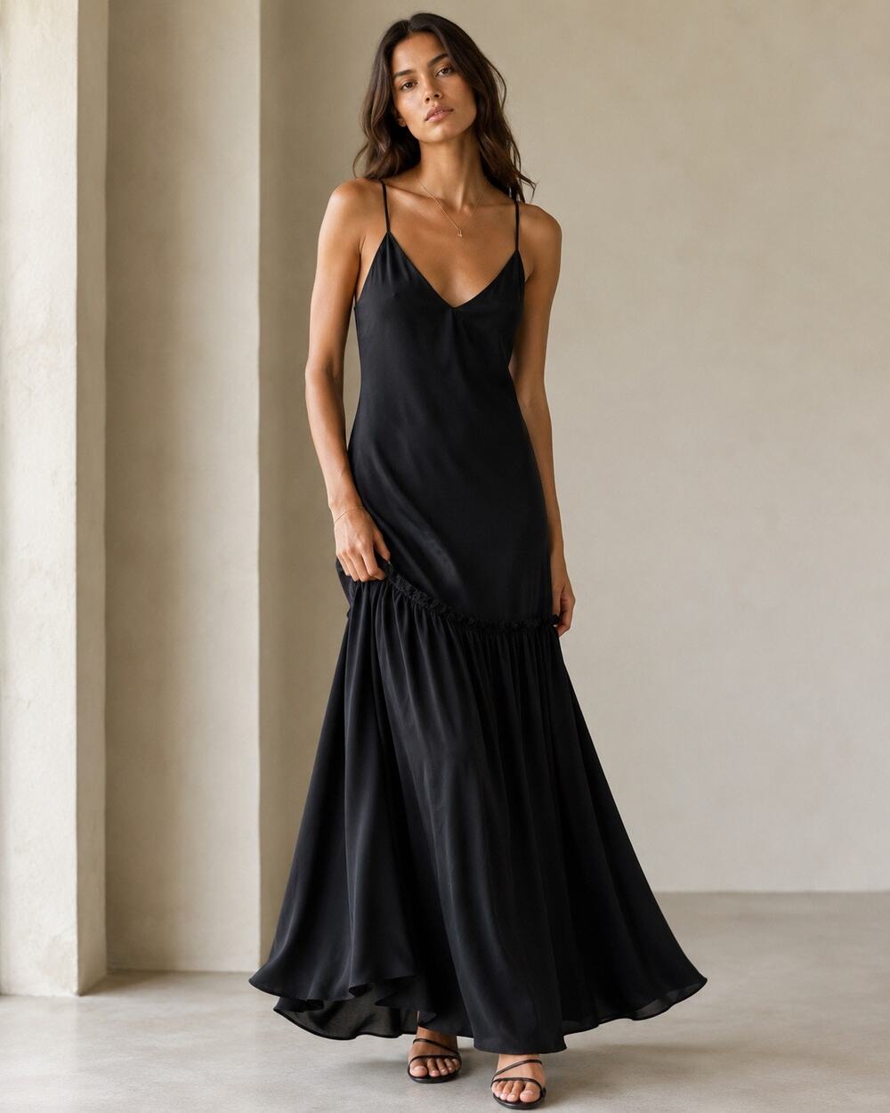 90s Minimalist Satin Drop Waist Raw Edge Maxi Dress FRAME Black Model Off Duty S